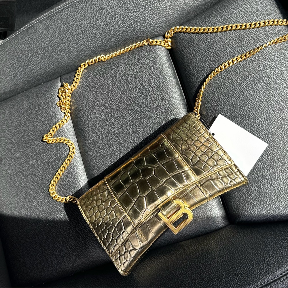 Balenciaga Gold Croc-Embossed Clutch with Chain